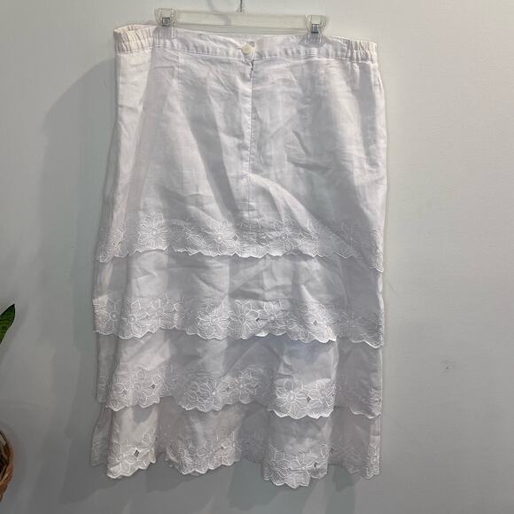 Women’s White Linen Floral Embroidered Tiered Midi Skirt‎ Size 18P Cottage, - Picture 2 of 7